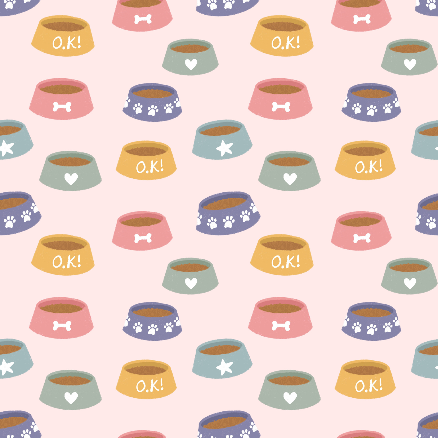 A pattern of colorful pet bowls on a pink background, some with paw prints, hearts, bones, or 'O.K!' written on them.