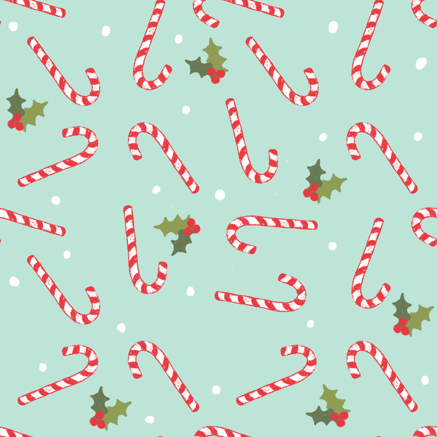 A festive holiday pattern with red and white striped candy canes, holly leaves with red berries, and white dots on a light green background.