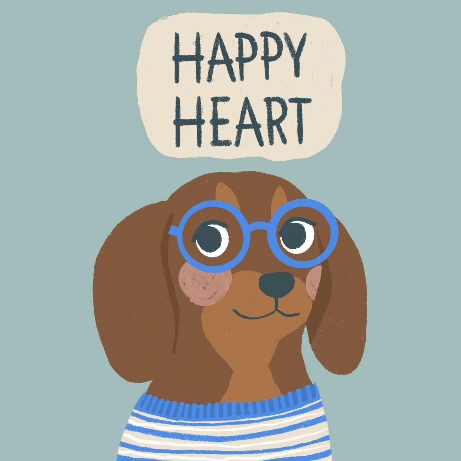 Cute illustration of a dog with glasses, wearing a striped shirt, and a speech bubble saying 'Happy Heart'.