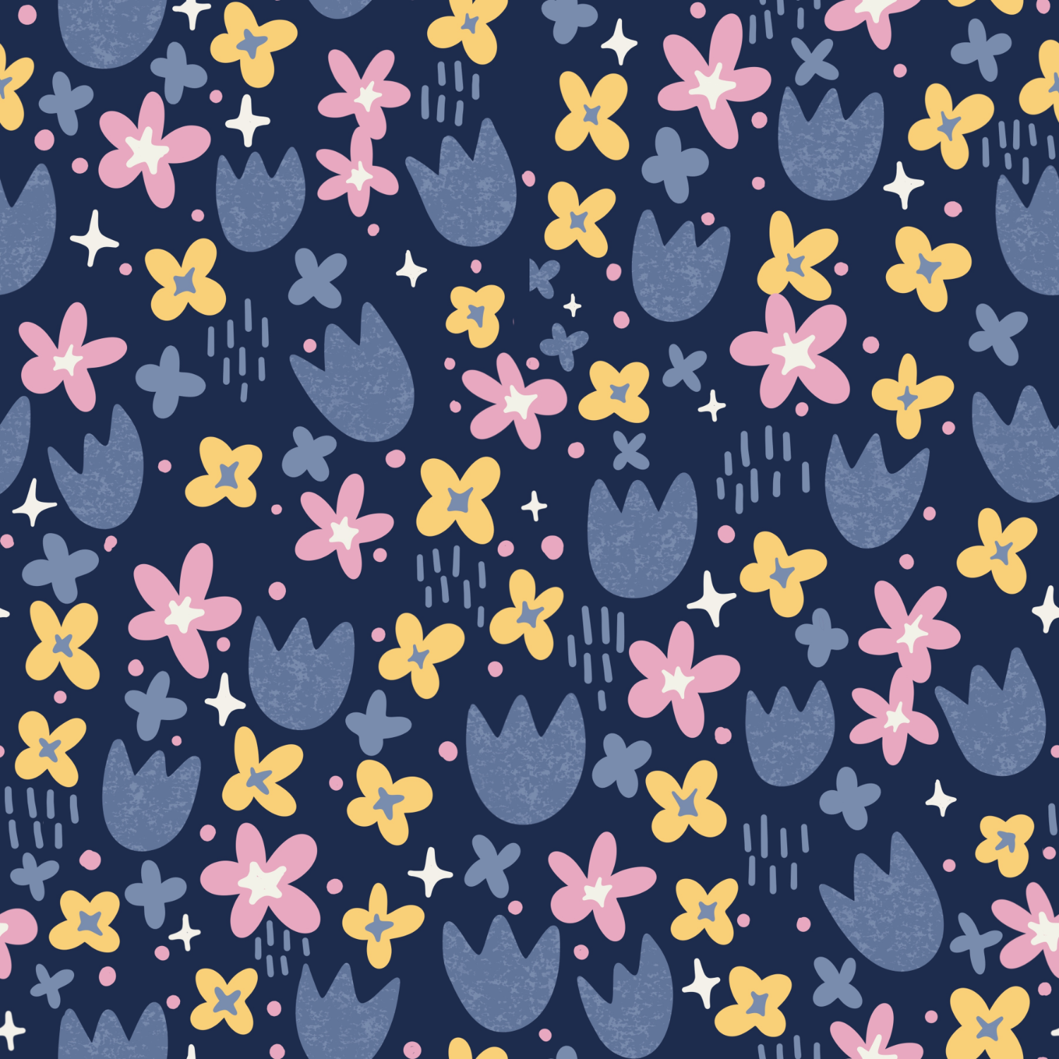 A seamless floral pattern with pink, yellow, and white flowers, blue tulips, and small decorative elements on a dark navy background.