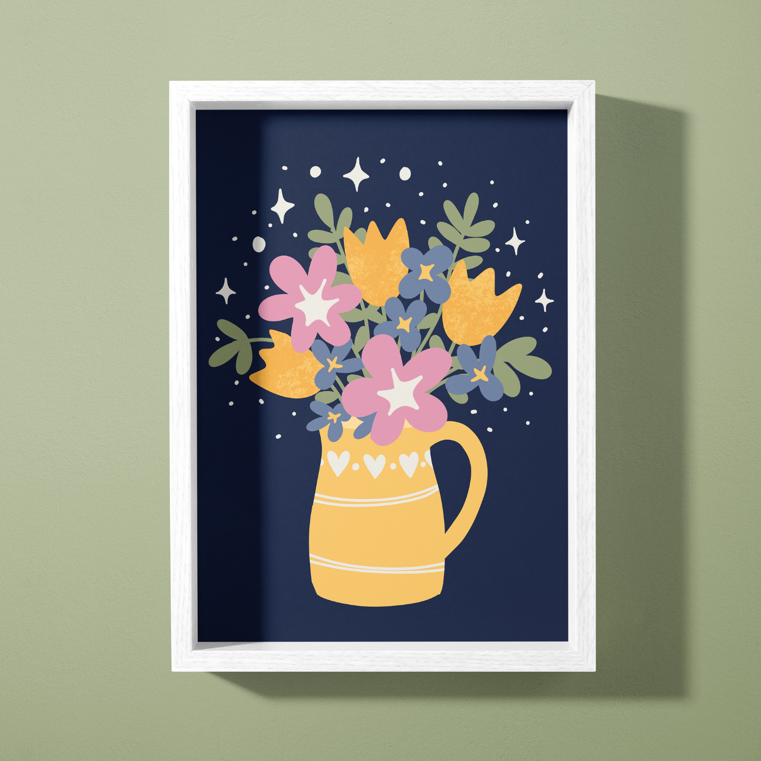 Framed digital illustration of a yellow pitcher with white hearts, filled with pink, purple, and orange flowers on a dark blue background.