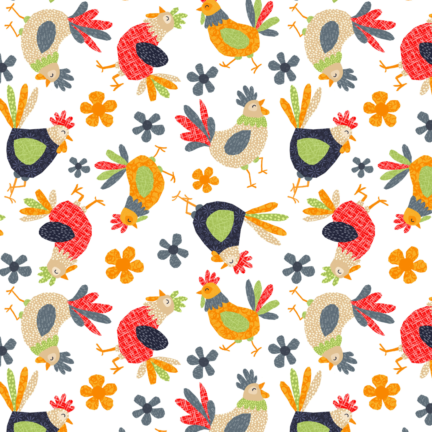 Colorful illustration of chickens, roosters, and flowers in a vibrant, patterned style.