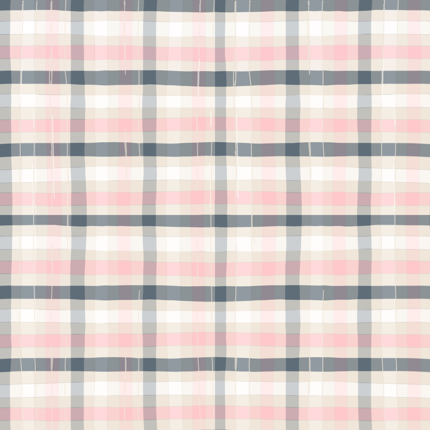 A digital image of a plaid pattern with a combination of beige, pink, gray, and white horizontal and vertical lines creating a checked design.