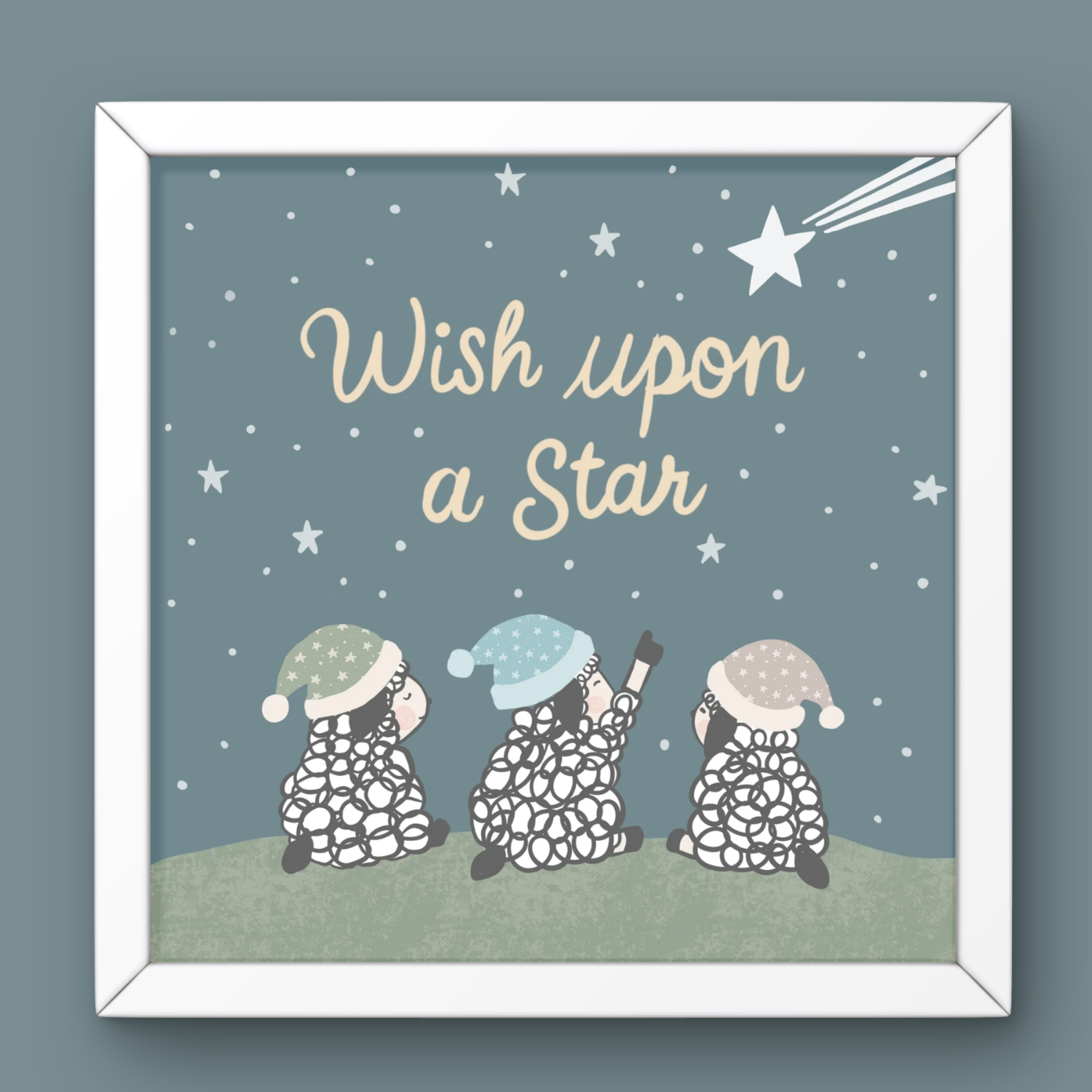 A framed illustration with the text 'Wish upon a Star' above three snowmen wearing winter hats and scarves, under a starry night sky with shooting stars.