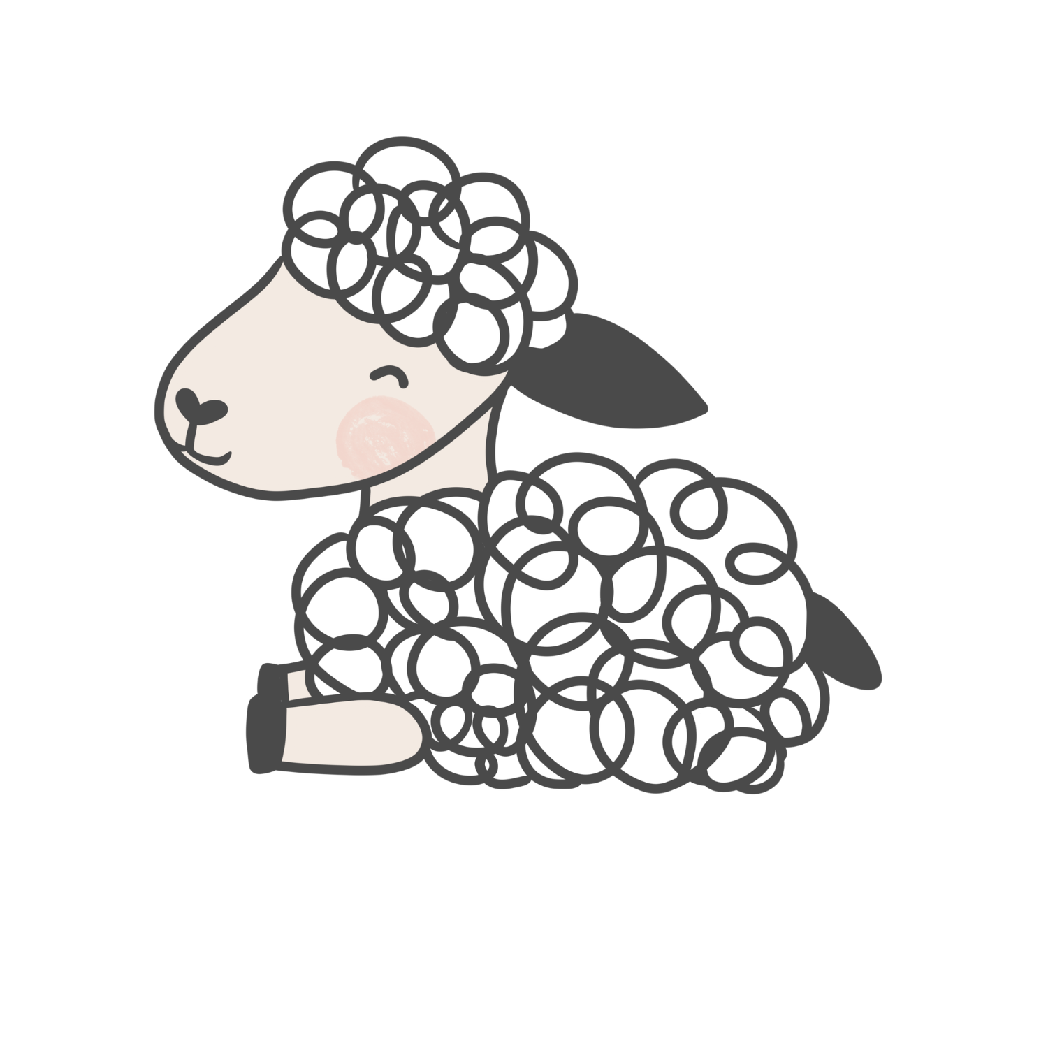 Cute illustration of a sheep with curly wool, blushing cheeks, and a content expression, holding a small black object.