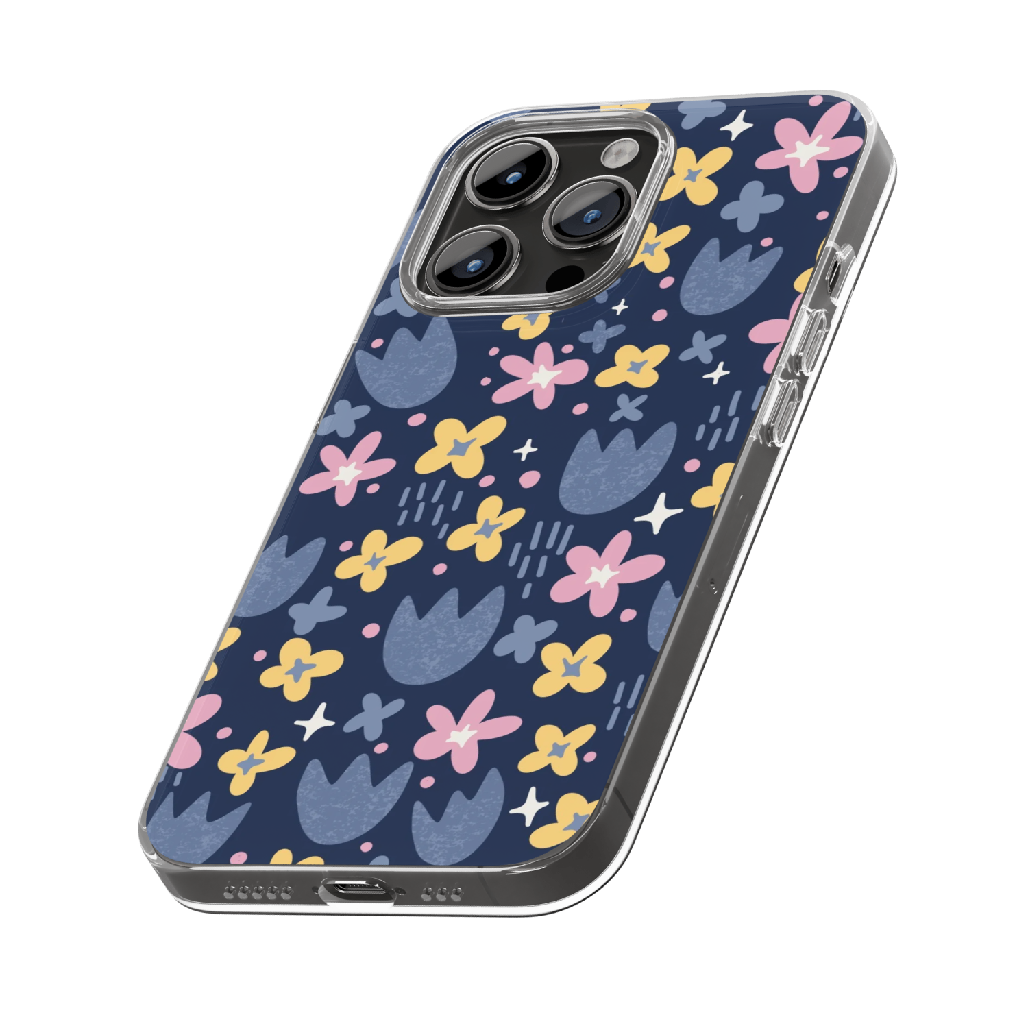 A smartphone with a floral patterned case featuring pink, yellow, and blue flowers on a dark background.