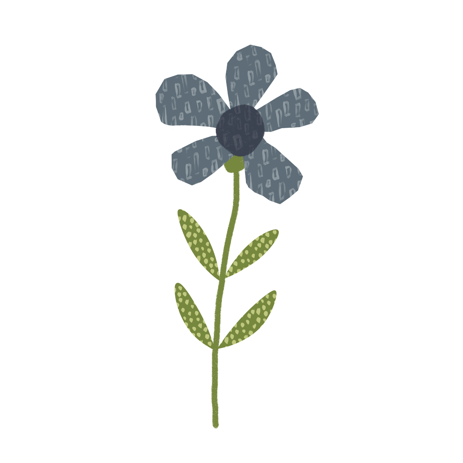 Stylized illustration of a flower with a dark center, five dark blue petals with a pattern, and green stem and leaves on a white background.