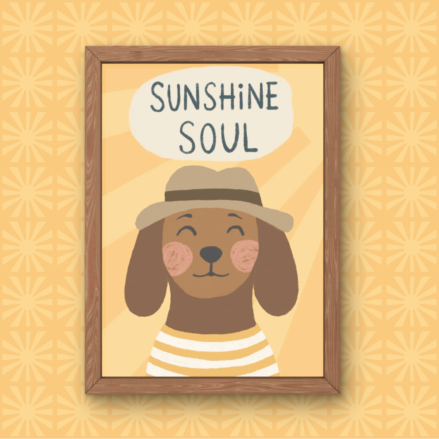 Framed illustration of a smiling dog with pink cheeks, wearing a straw hat and a yellow and white striped shirt, against a yellow background with a repeated floral pattern. The speech bubble above the dog reads "Sunshine Soul."