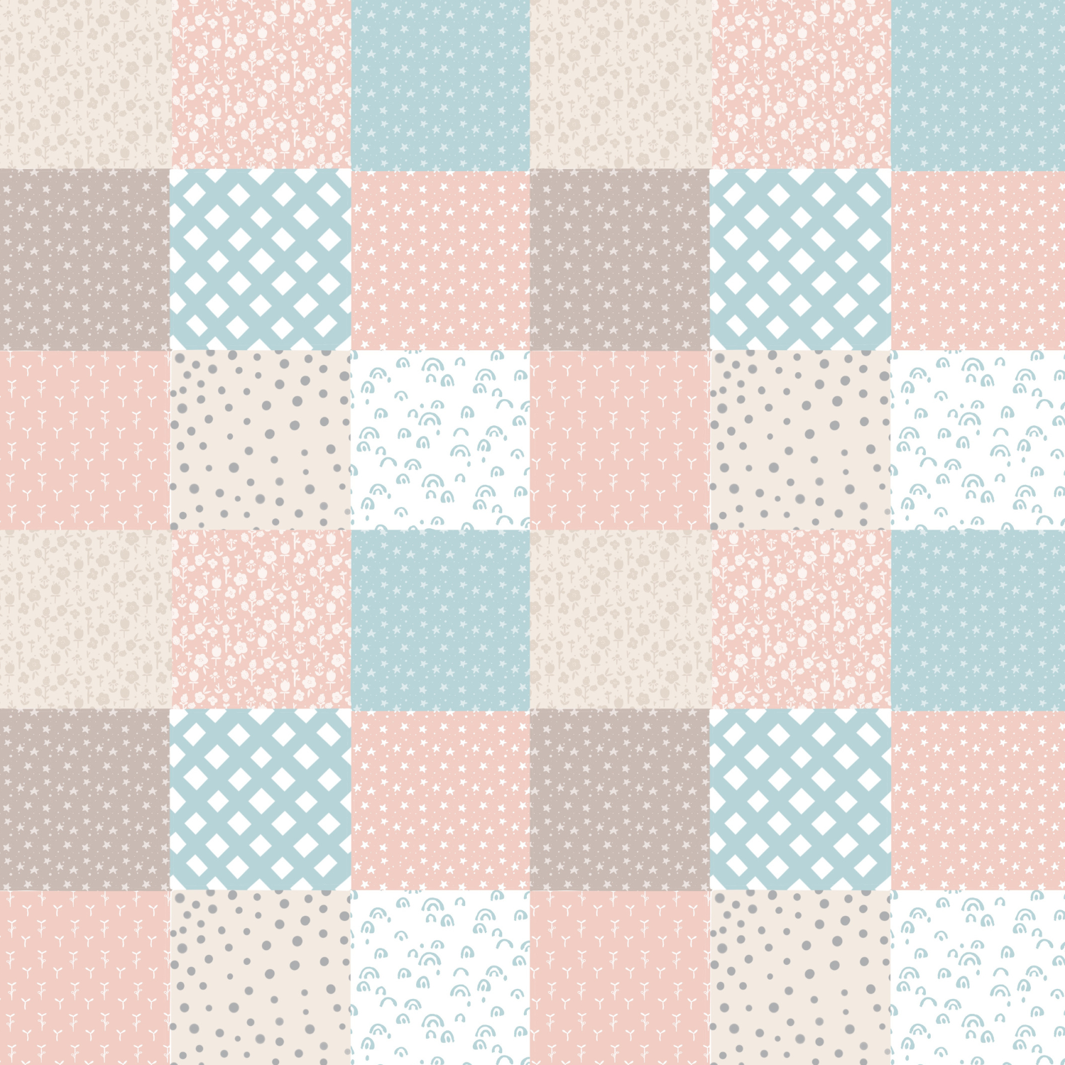 A quilt with a pattern of colorful square patches in pastel shades of pink, blue, beige, and gray, featuring various small patterns such as stars, polka dots, rainbows, and abstract designs.