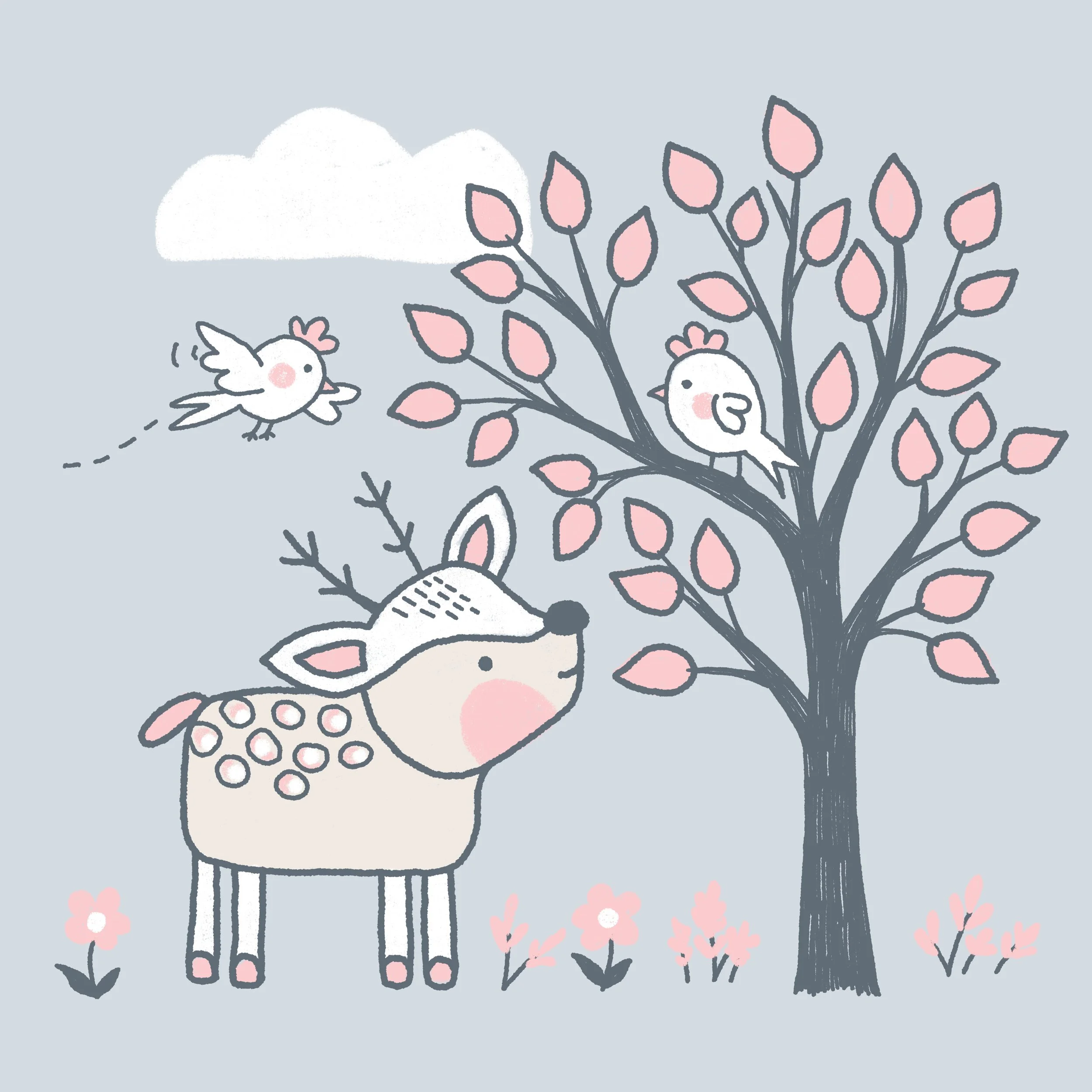Cute illustrations of a white giraffe with pink spots, a small bird with a pink crest, and a tree with pink leaves on a light blue background, with pink flowers on the ground.