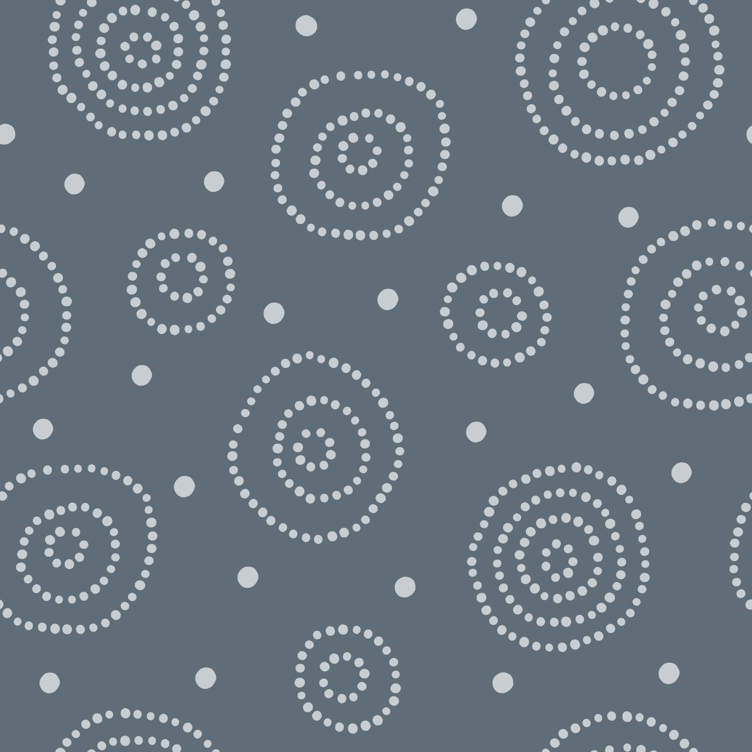 Pattern of white dotted spirals and circles on a dark gray background.