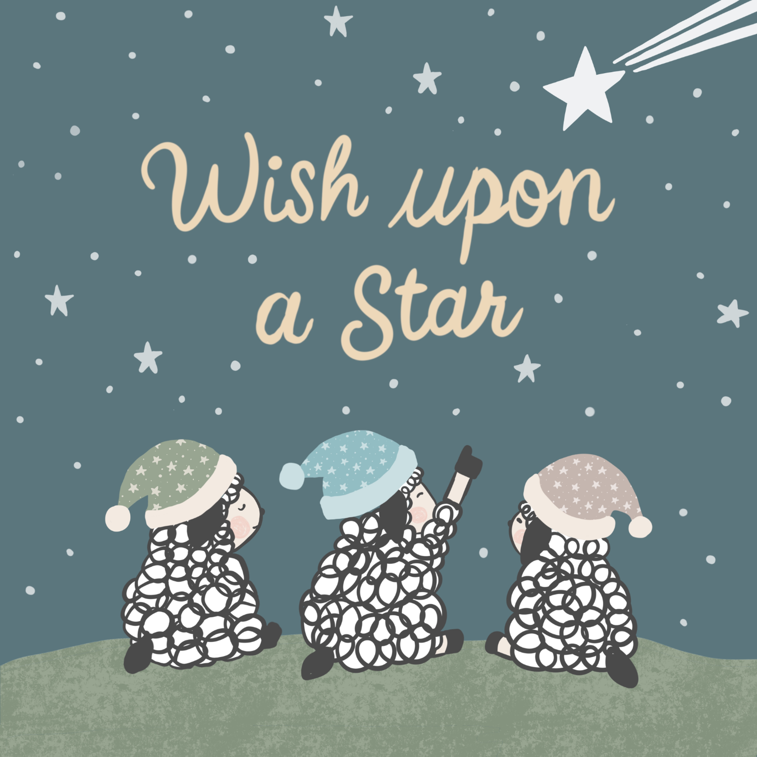 Three cartoon children wearing winter hats and scarves, standing on grass under a night sky with stars and a shooting star, with the words "Wish upon a Star" in the sky.