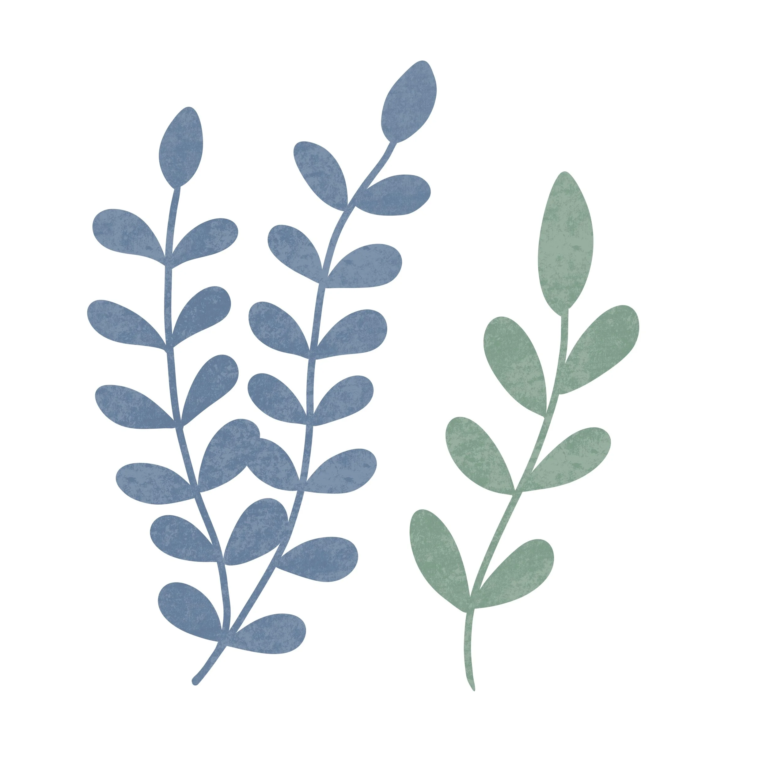 Illustration of stylized leaves in blue and green on a white background.