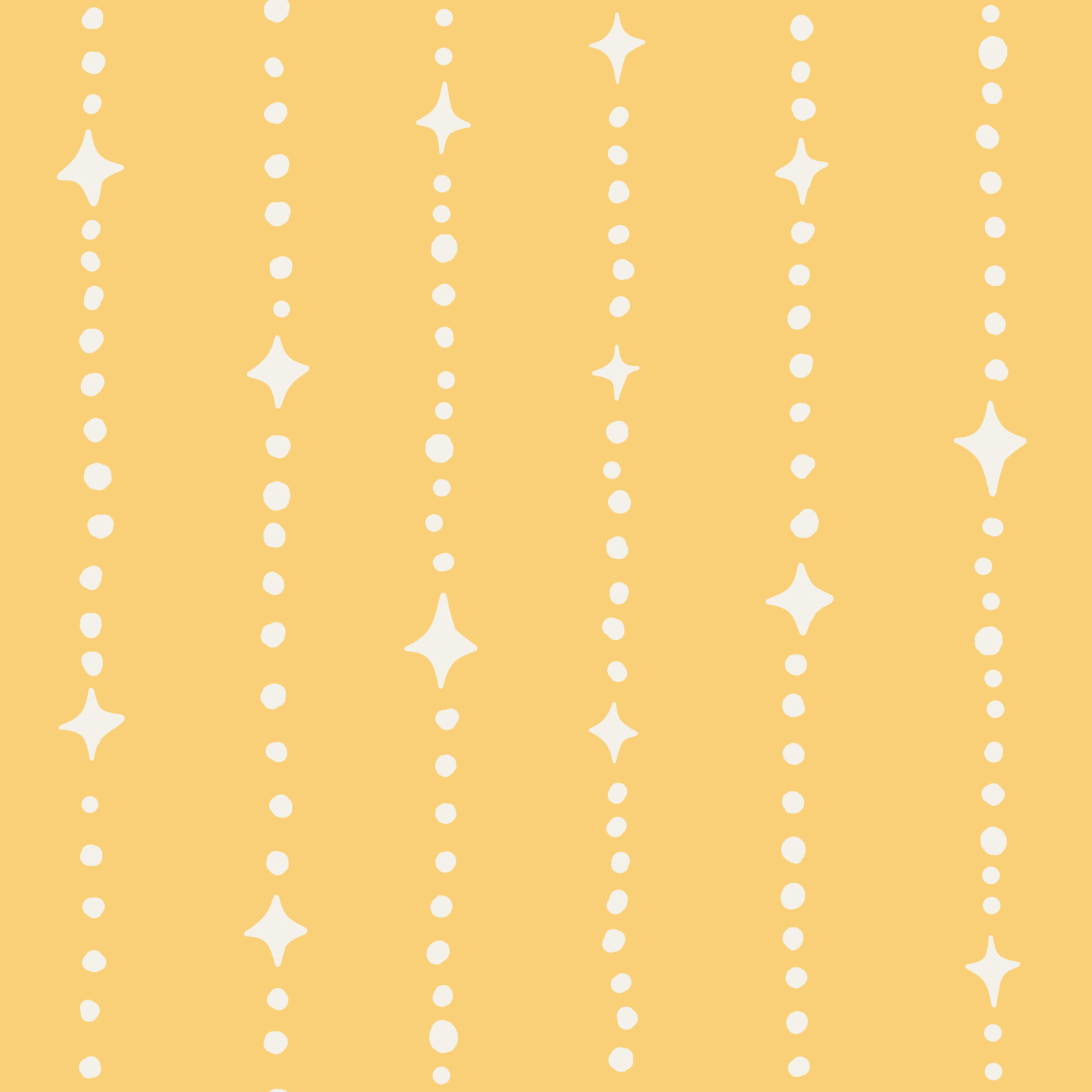 Graphic pattern of vertical lines made of different-sized white dots and star-shaped figures on yellow background.