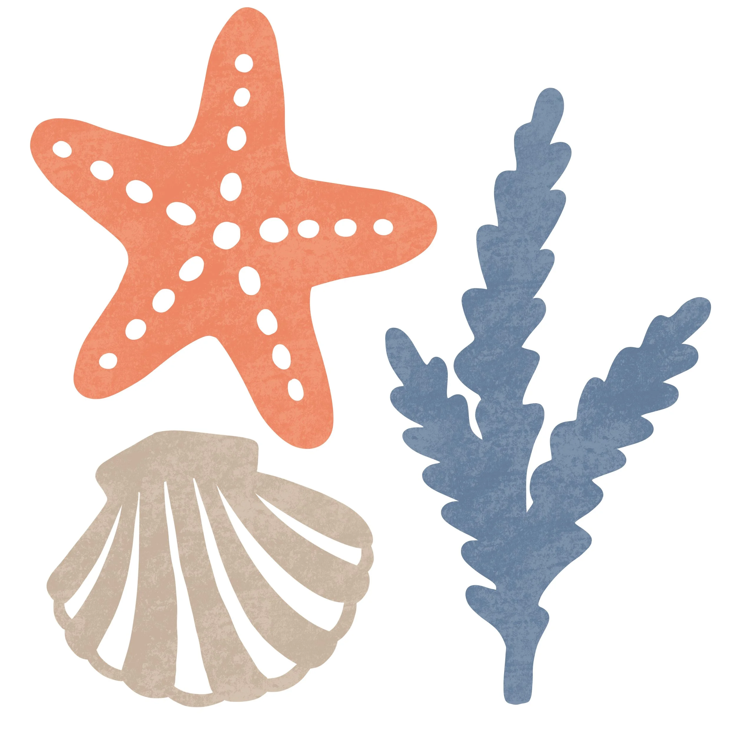 A digital illustration of a starfish in coral color with white dots, an orange starfish with pink and white spots, and a dark blue underwater plant with curved, elongated leaves.