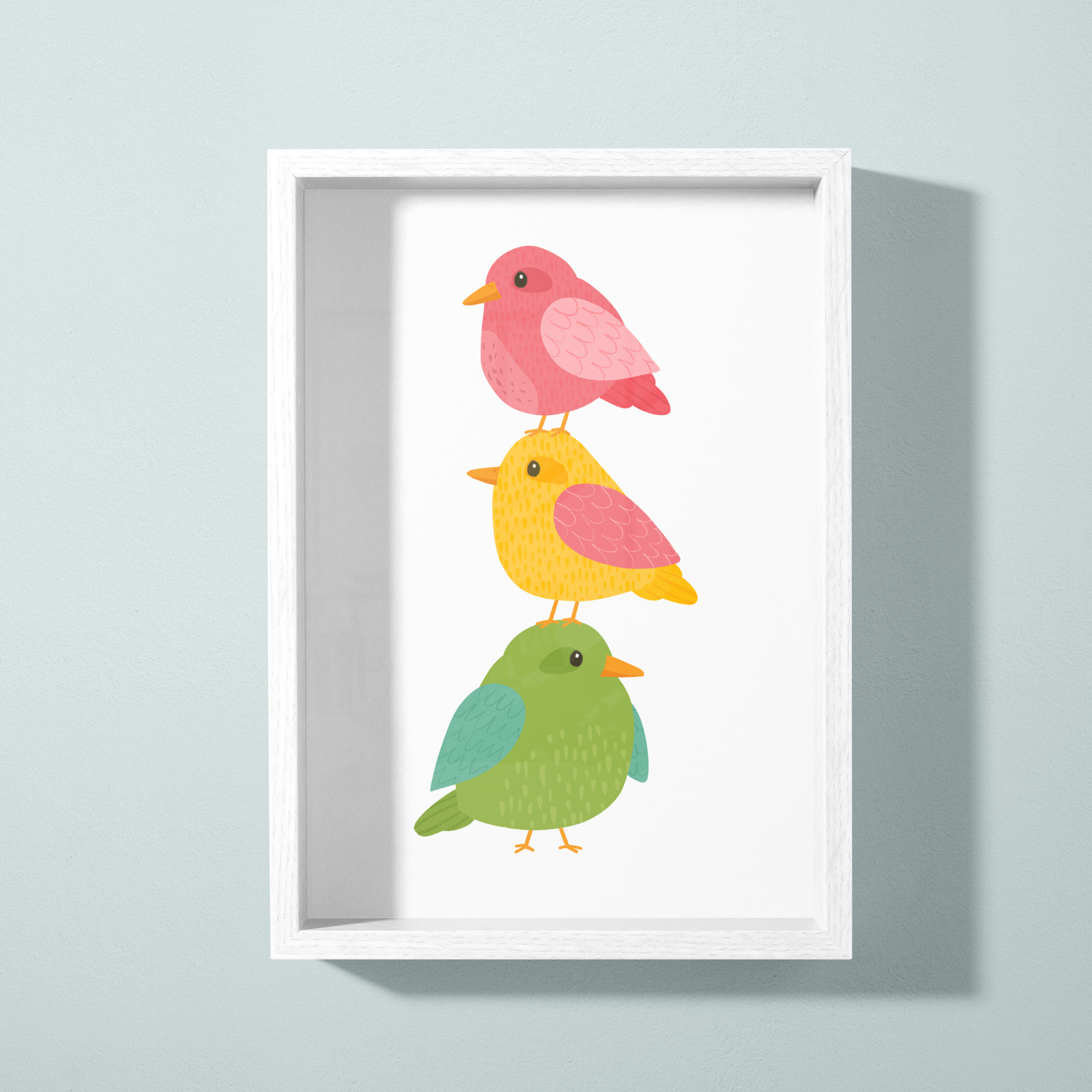Colorful illustration of four birds stacked vertically, each a different color, on a white background framed in white.