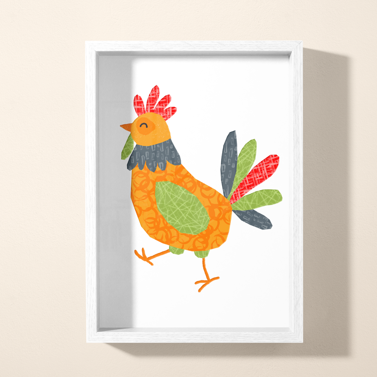 Colorful collage of a rooster with various patterned paper textures, set against a white background and framed in white.