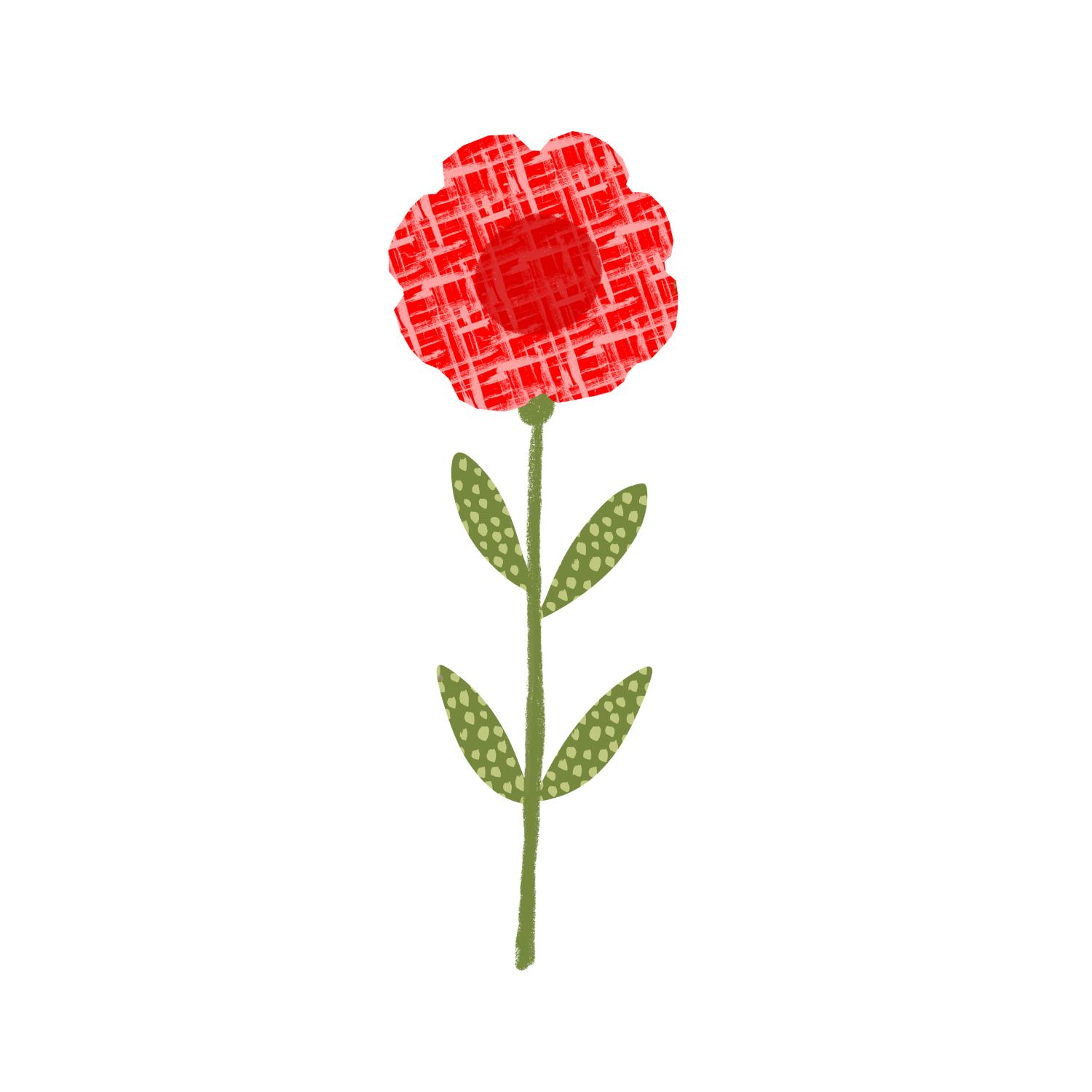 A stylized red flower with a textured look, green stem, and green leaves with polka dots, set against a white background.