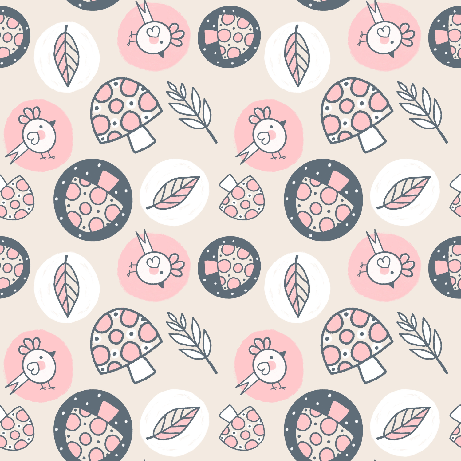 A seamless pattern featuring cartoon-style chickens, mushrooms, leaves, and circles in pink, beige, black, and white colors.