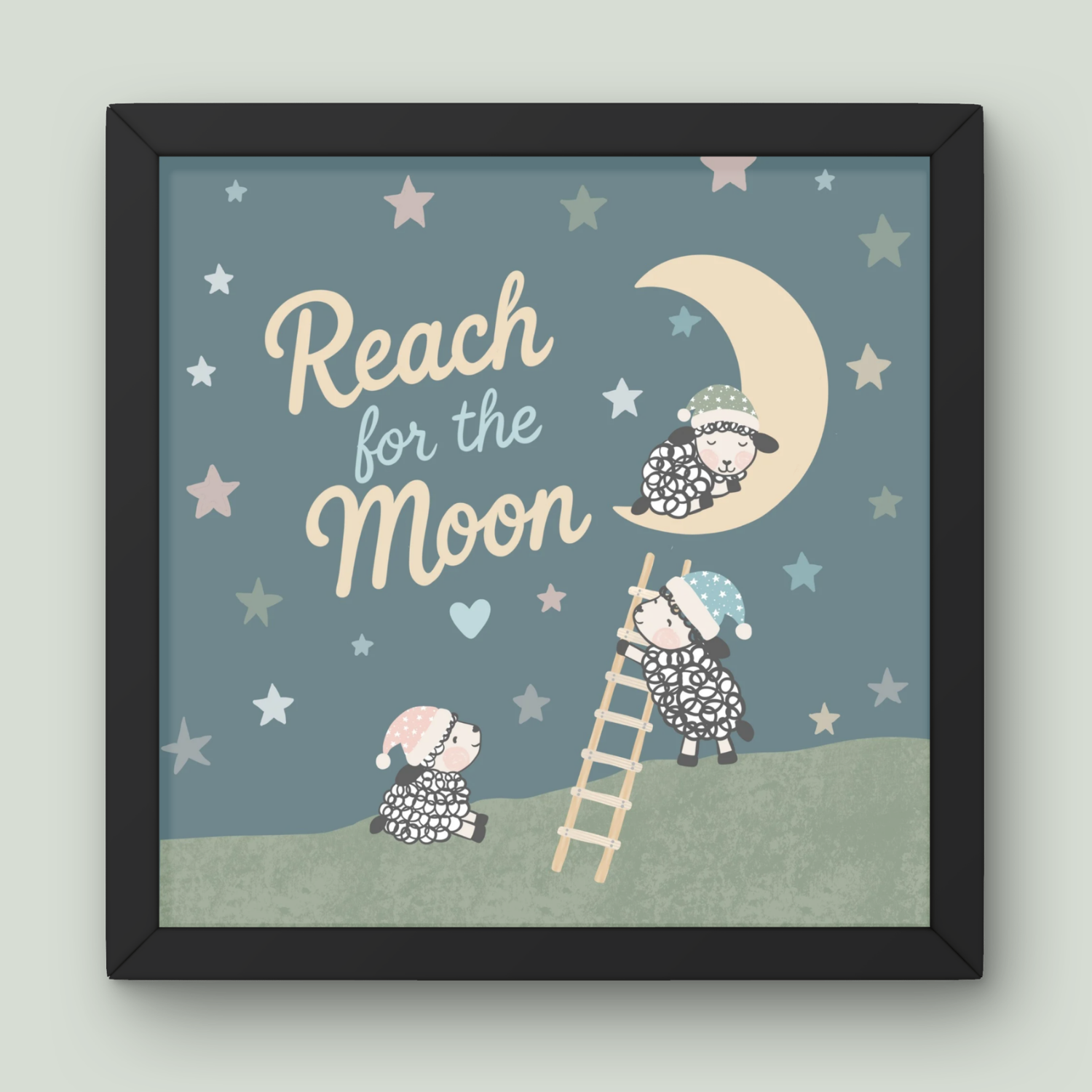Children dressed as sheep with Santa hats climbing a ladder to reach the moon, surrounded by stars and clouds with the phrase 'Reach for the Moon' written on a blue background.
