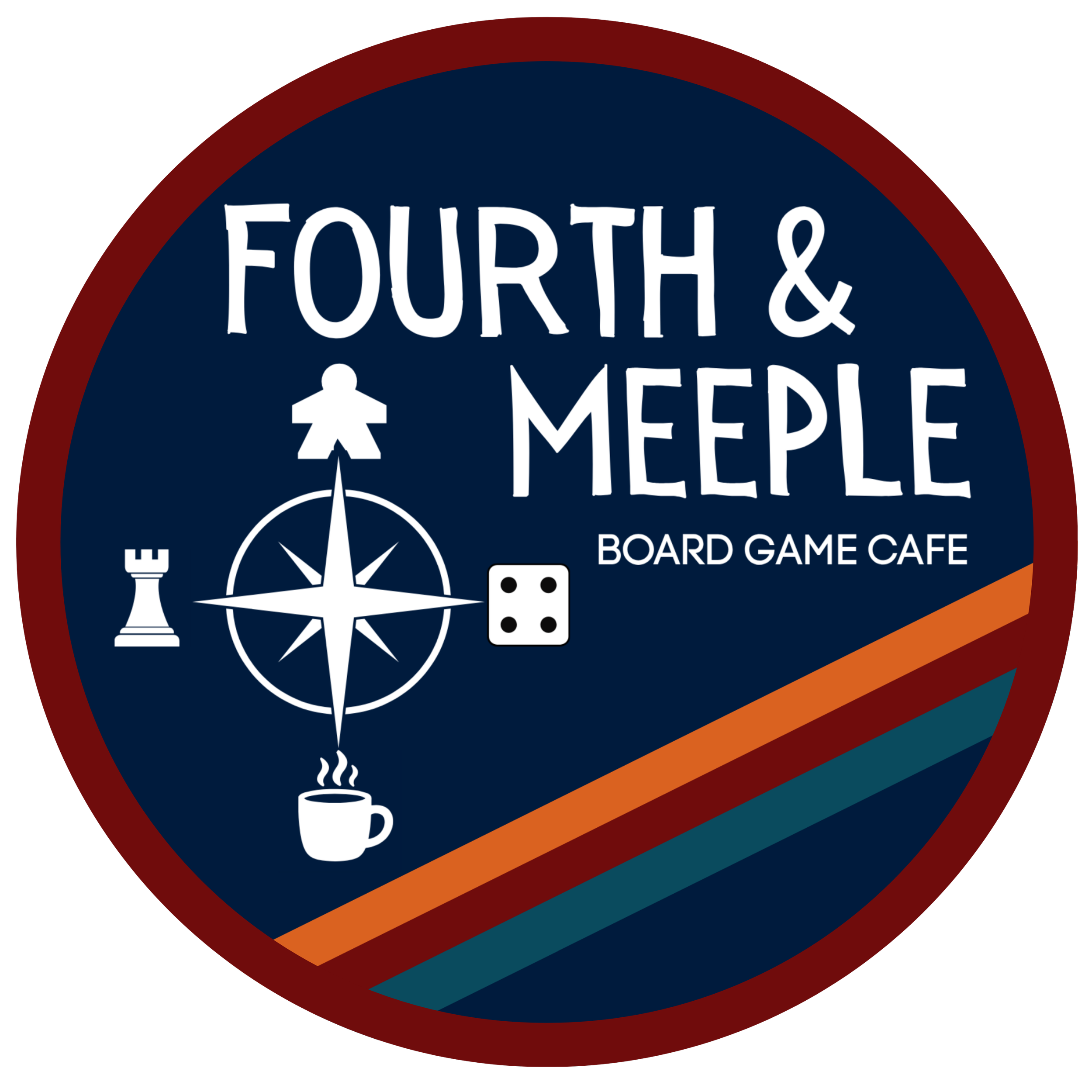 Circular logo with the words 'Fourth & MEEPLE' and icons of a chess rook, compass, domino, and coffee mug inside a dark blue circle, with a red outer ring.