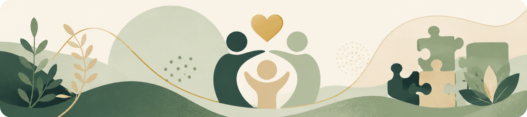 Illustration of a family with a heart above them, puzzle pieces, and plants in a soft, earthy color palette.