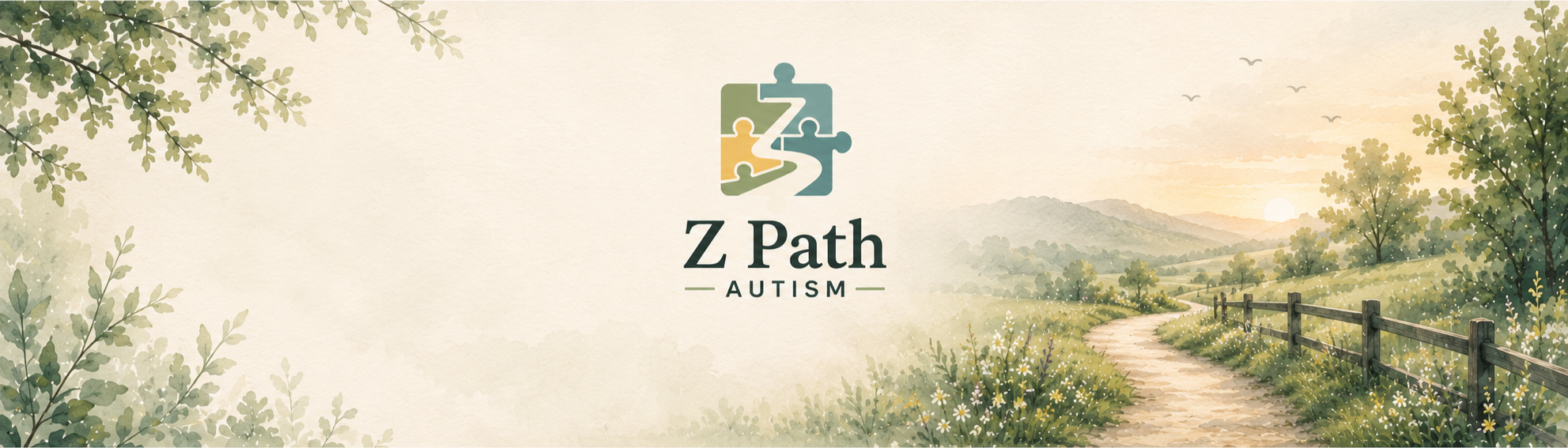 A nature scene with a dirt path, wooden fence, trees, and mountains in the distance during sunset. A logo featuring puzzle pieces with the text 'Z Path Autism' is centered.