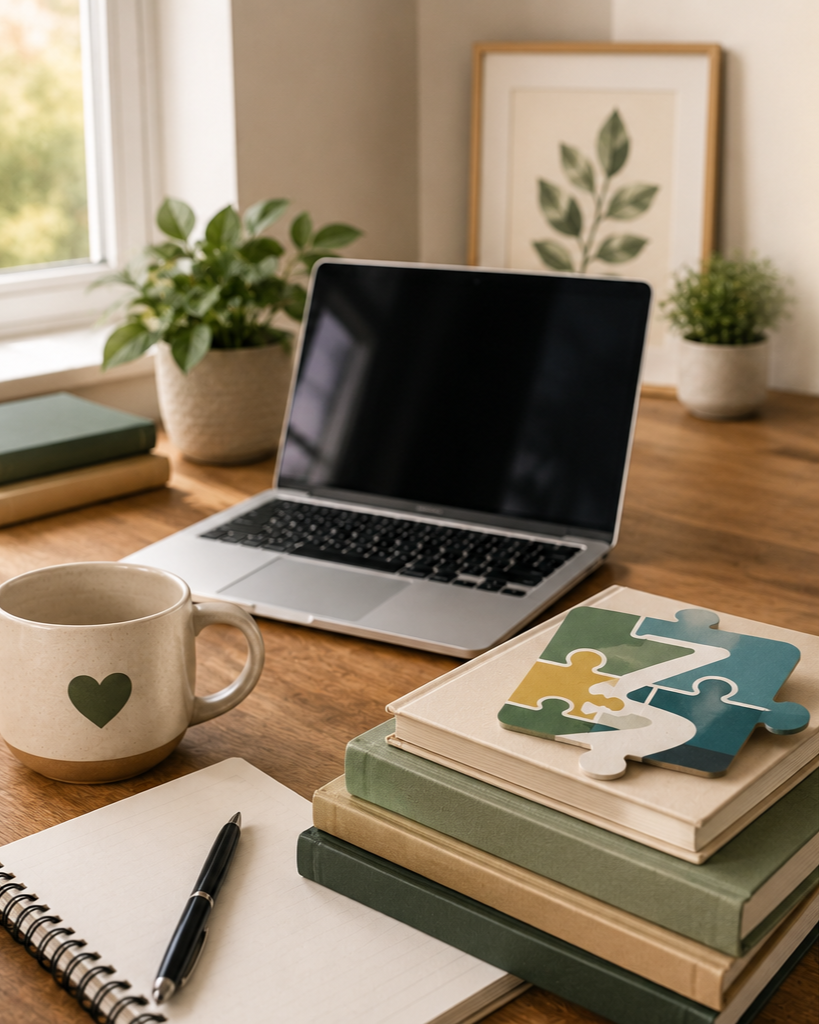 A home office desk with a laptop, notebooks, a pen, a mug with a heart, potted plants, and framed botanical artwork in the background.