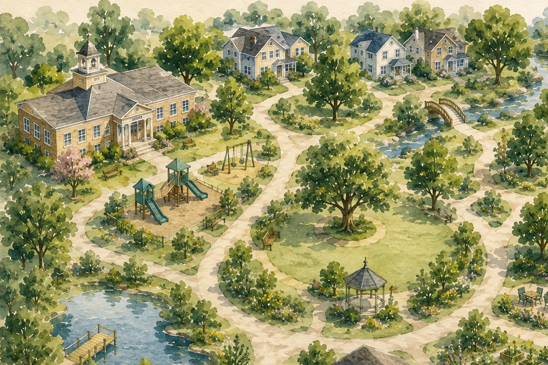 A watercolor illustration of a suburban park with winding pathways, lush green trees, a playground with slides, swings, a pond with a small dock, benches, a gazebo, and houses in the background.