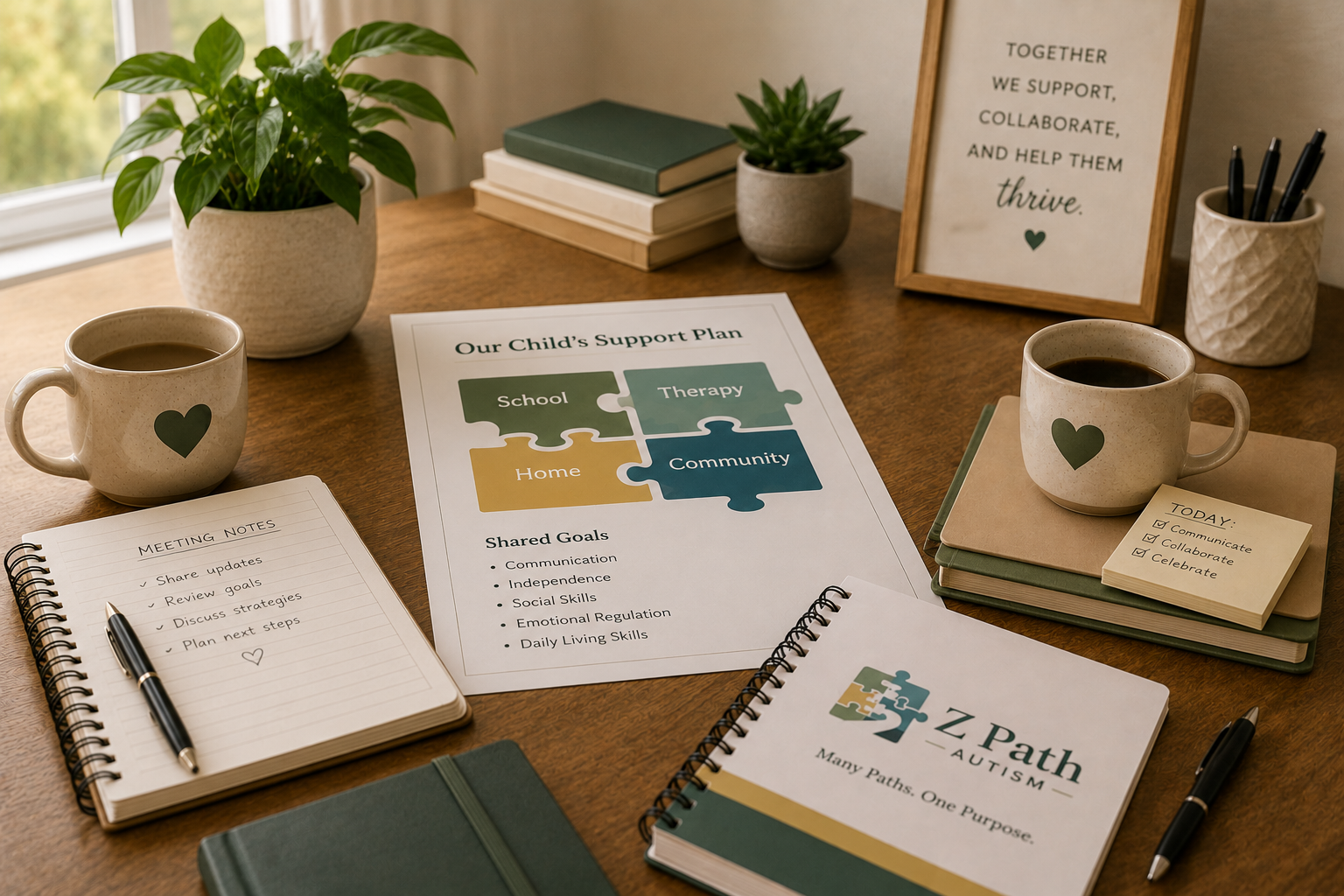A wooden desk with support plan documents, notebooks, a pen, two cups of coffee with green heart on them, potted plants, a framed quote, and stationery.