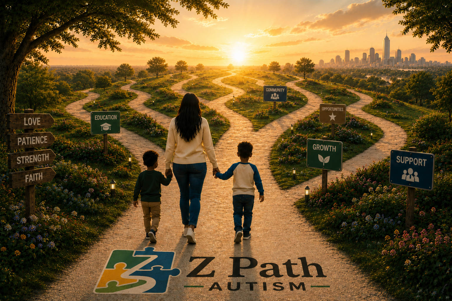 A woman and two children walking hand in hand along a winding path towards a bright, setting sun. The scene is a lush garden with flowers and signs labeled 'Love,' 'Patience,' 'Strength,' 'Faith,' 'Education,' 'Community,' 'Opportunities,' 'Growth,' and 'Support.' The path is associated with 'Z Path Autism'.