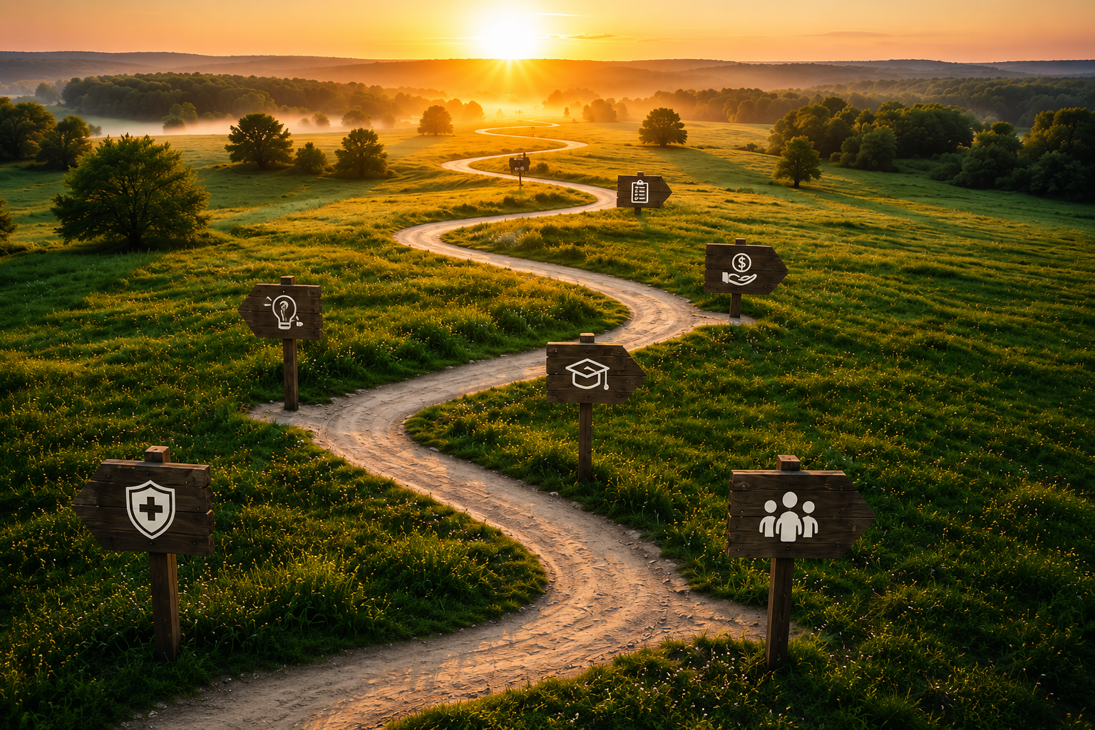 Sunset over a winding dirt path through green fields with trees, with various icons on wooden signs along the path, including a lightbulb, graduation cap, group of people, shield with a cross, money, and clipboard.