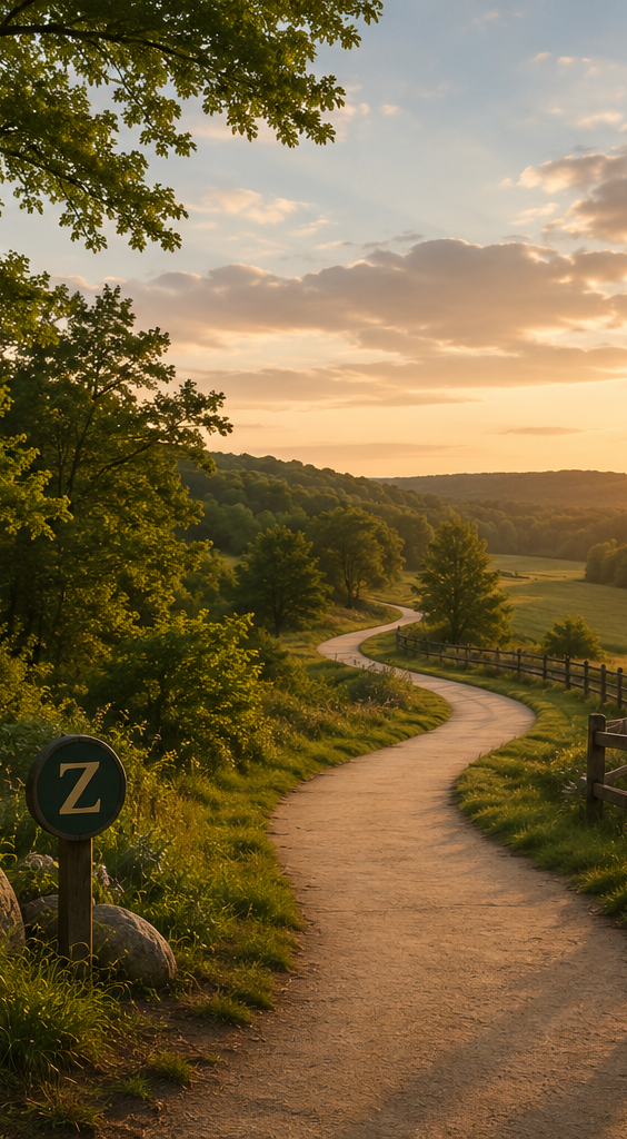 A winding dirt path through a grassy landscape with trees on both sides, under a partly cloudy sky at sunrise or sunset.
