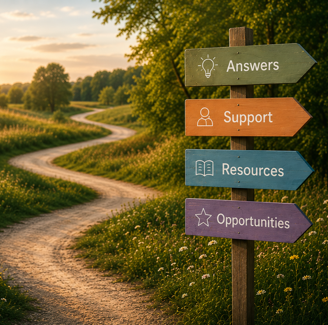 Colorful signpost with four arrows labeled 'Answers', 'Support', 'Resources', and 'Opportunities' along a winding dirt path in a green field at sunset.