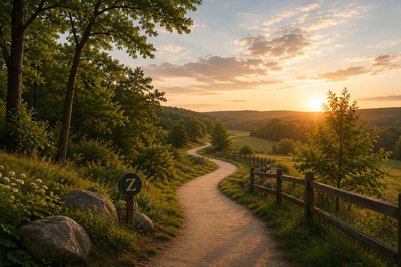 A winding dirt trail through a lush green landscape with trees, rocks, and a wooden fence, illuminated by a setting sun in the distance with a partly cloudy sky.