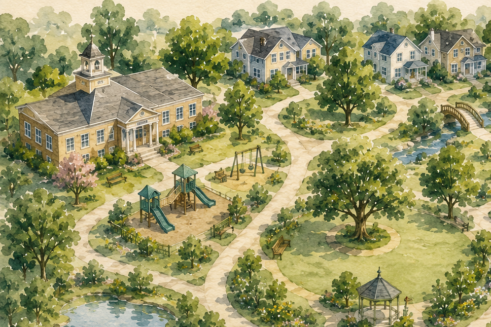 A watercolor illustration of a suburban neighborhood park with houses, trees, a pond, benches, a playground with slides and swings, a gazebo, and a small bridge.