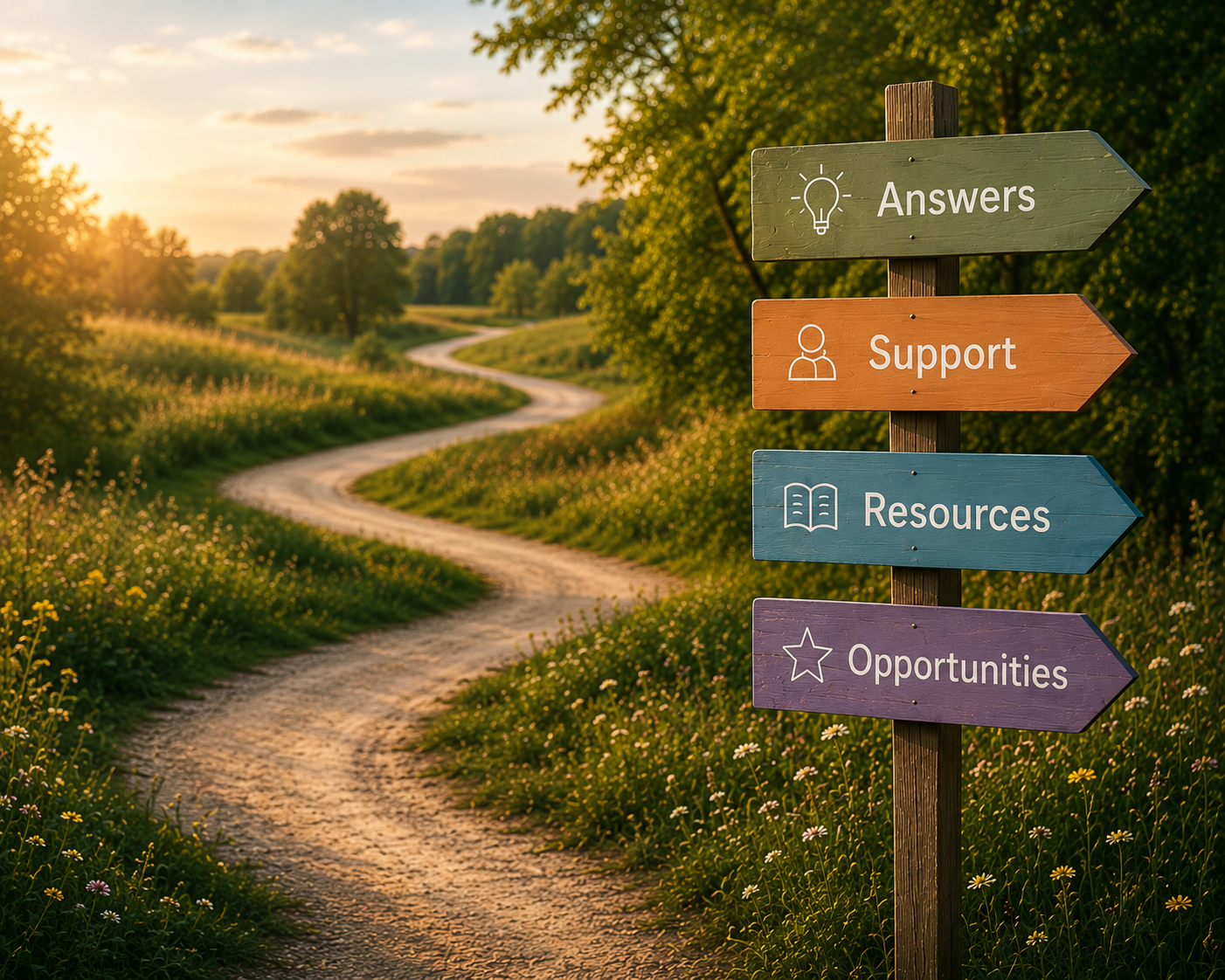A wooden signpost with four colorful arrows pointing in different directions, labeled Answers, Support, Resources, and Opportunities, situated next to a winding dirt path through a green landscape with trees and flowers, under a partly cloudy sky at sunset.
