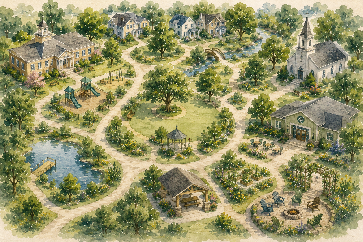 An illustrated map of a community park with pathways, trees, a pond with a dock, playground, gazebo, benches, and several small buildings including a church, a clubhouse, and a picnic area with chairs around a fire pit.