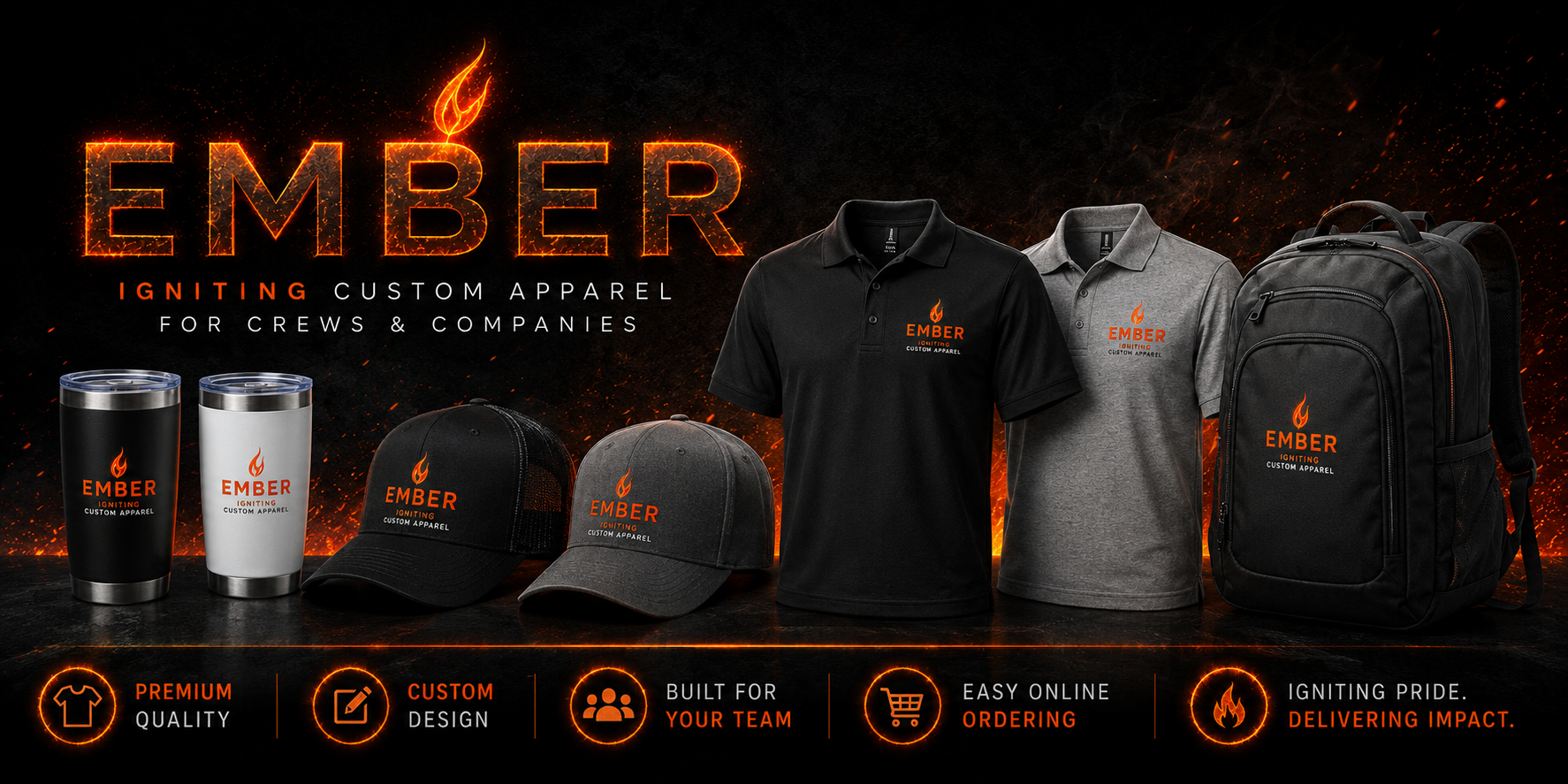 Display of branding merchandise including two tumblers, two hats, two polo shirts, and a backpack featuring the Ember logo and text for custom apparel for crews and companies, with promotional icons and text at the bottom.