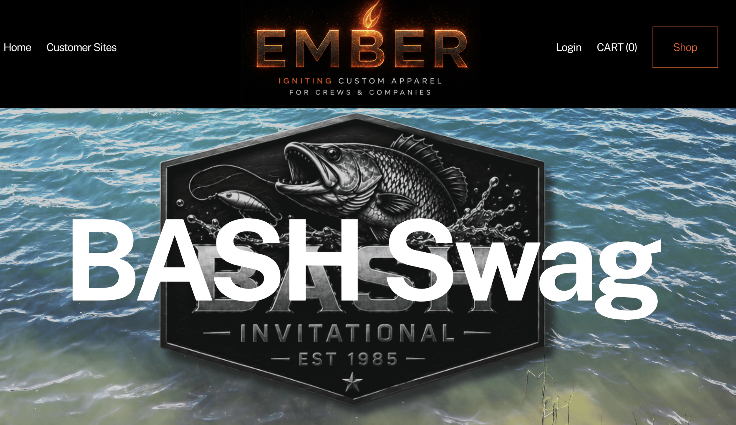 Logo for the Bassmaster Classic fishing tournament, featuring a bass fish with open mouth and a fishing lure in the background. Water surrounds the logo.