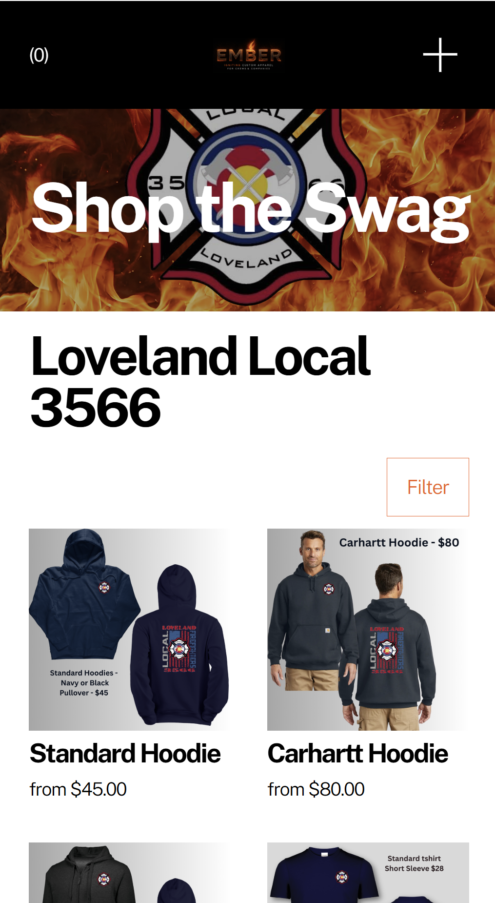 Online store page for Loveland Local 3566 merchandise featuring hoodies and t-shirts with fire-themed background, and a logo with fire and firefighting symbols.
