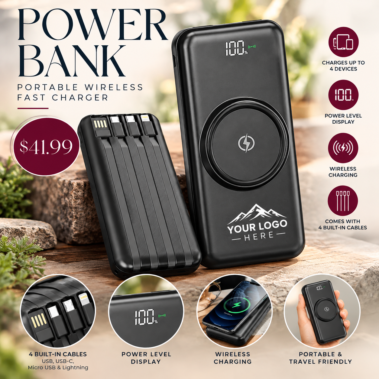 Custom Logo Wireless Power Bank | Personalized Portable Charger | Corporate Gifts
