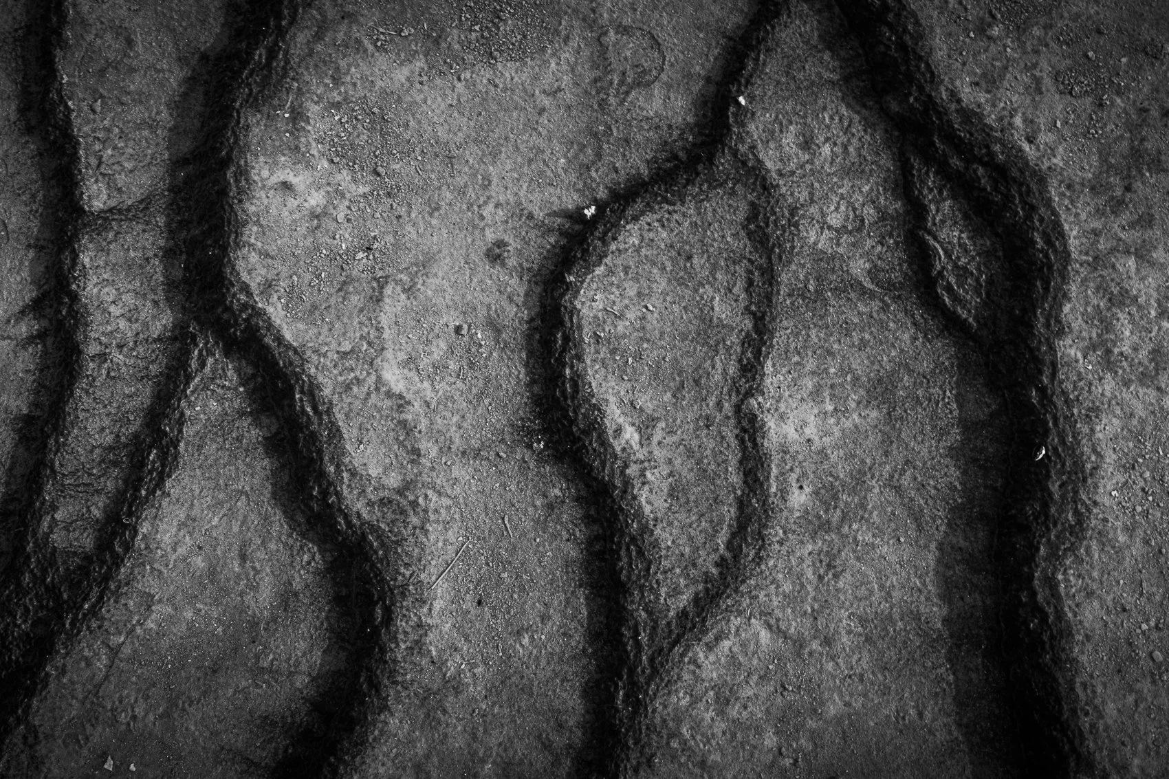 Hot spring with dark lines running through shallow water creating patterns in black and white, close up.