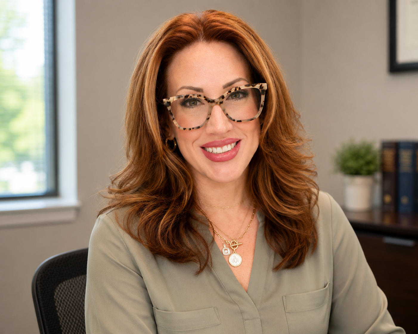 A woman with red hair and glasses sitting in an office, smiling at the camera, with a window and bookshelf in the background.