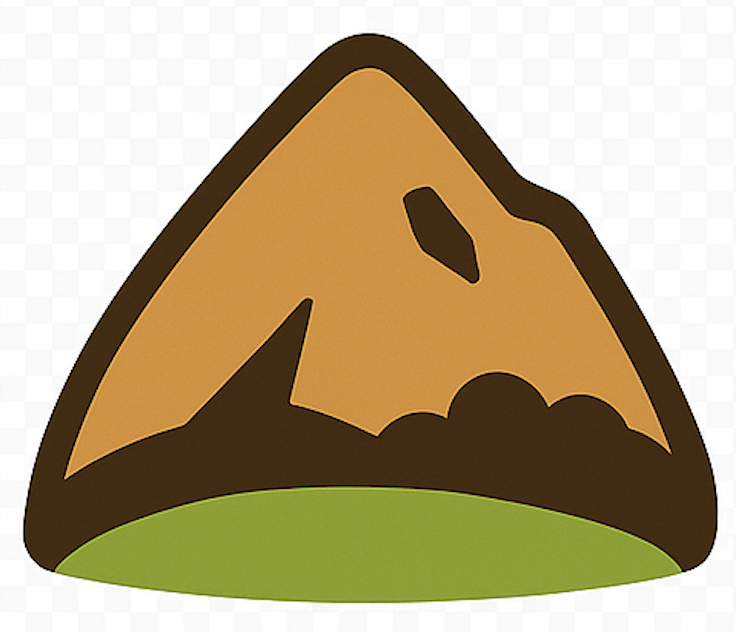 Simplified cartoon illustration of a mountain with brown and green coloring.