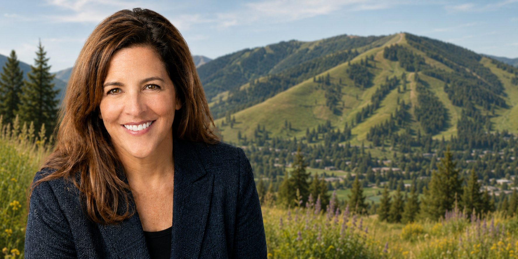 A smiling woman with brown hair, wearing a dark blazer, standing outdoors in a lush, green mountainous landscape with flowering plants.