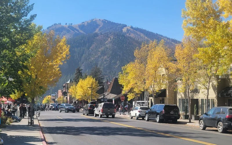 A bustling downtown street lined with trees with yellow and green leaves, parked cars, and pedestrians, with mountains in the background on a clear day.