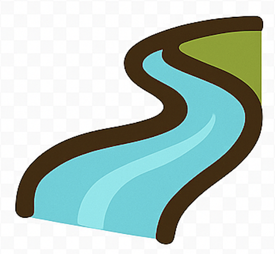 A stylized illustration of a winding river flowing through green land.