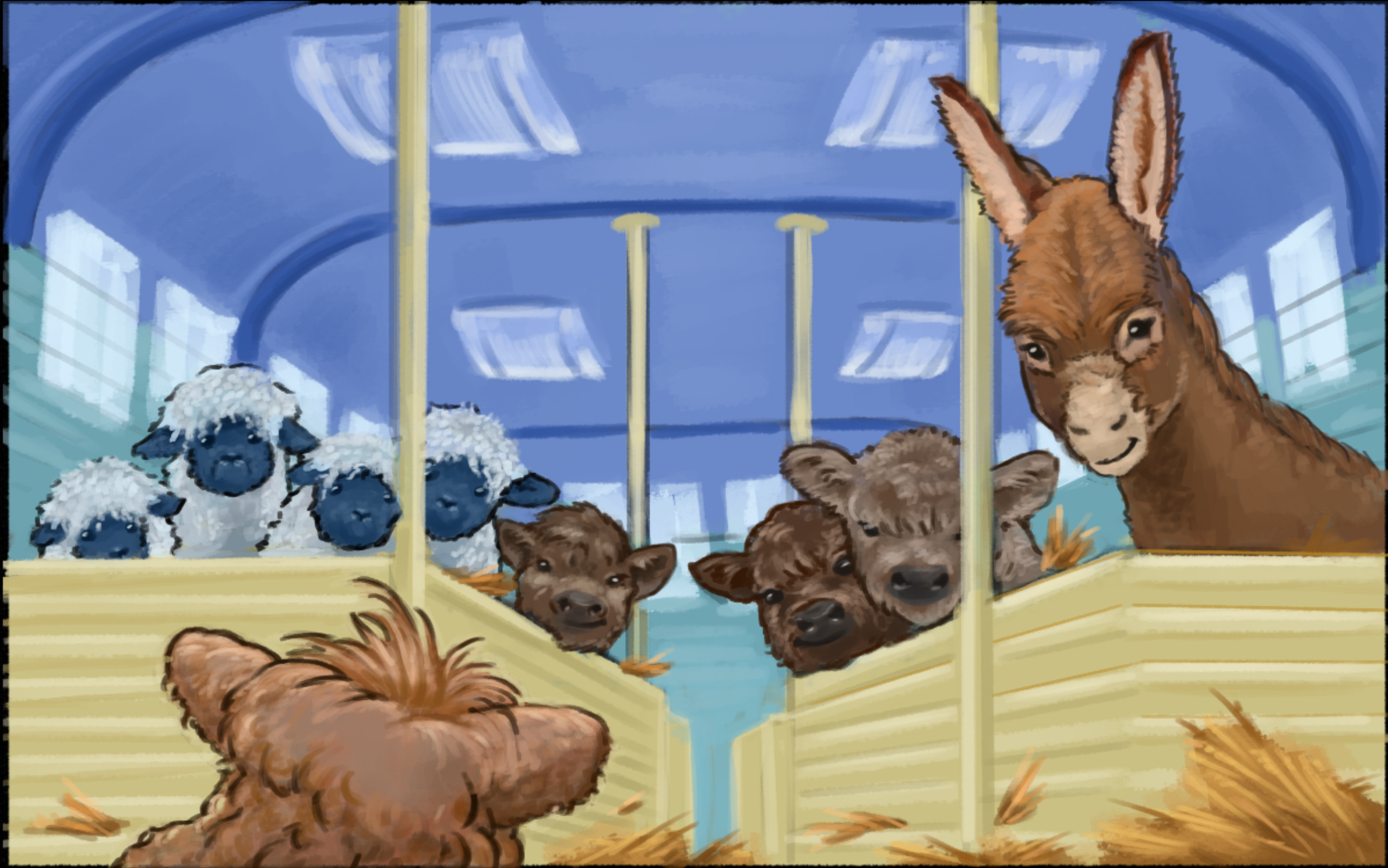 Illustration of Winston in trailer from Winston's New Home. Illustrated by Joshua Cadogan