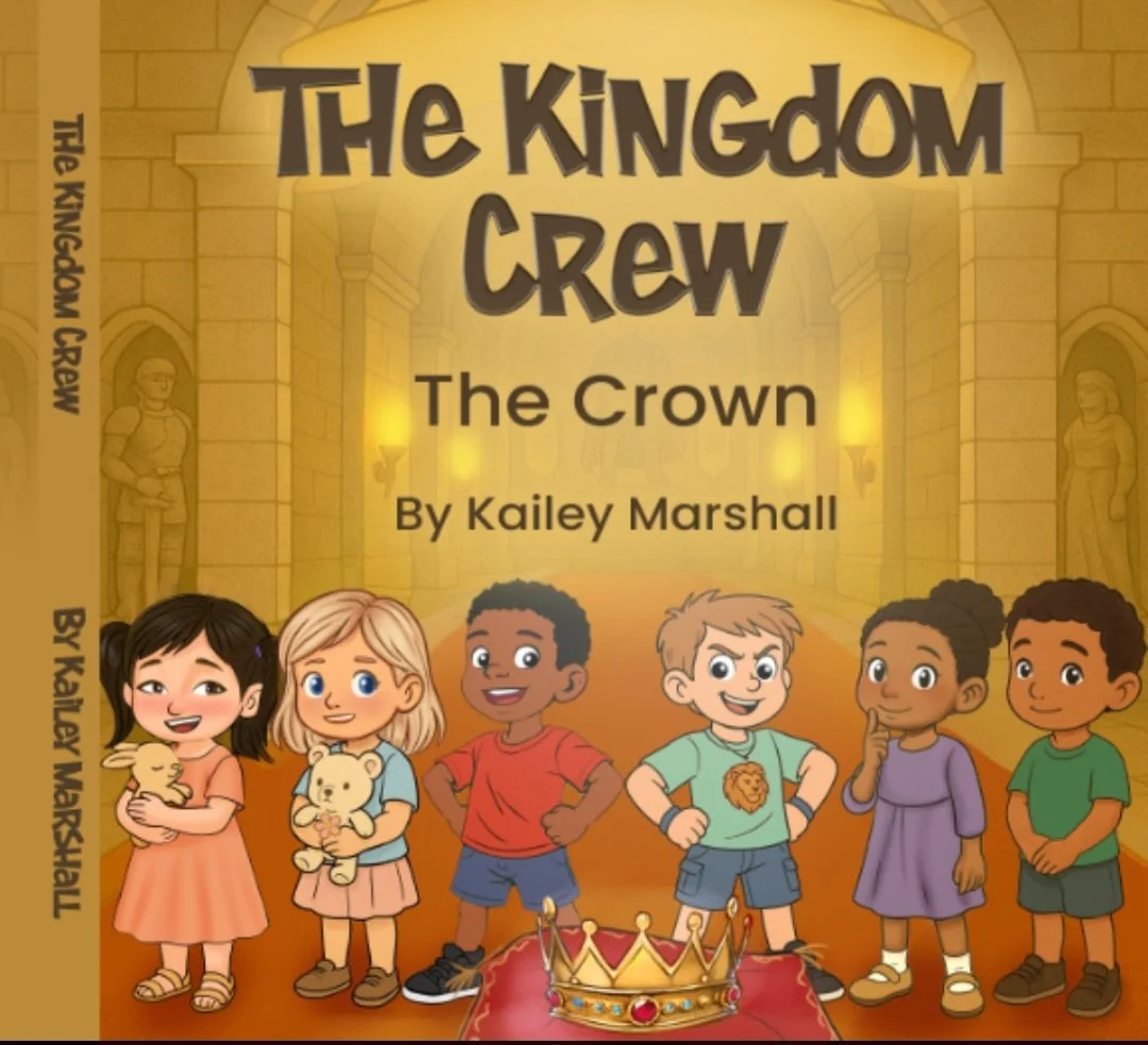 Cover of a children's book titled 'The Kingdom Crew: The Crown' by Kailey Marshall. Features cartoon children in a castle hallway with a crown on a red pillow in front of them.